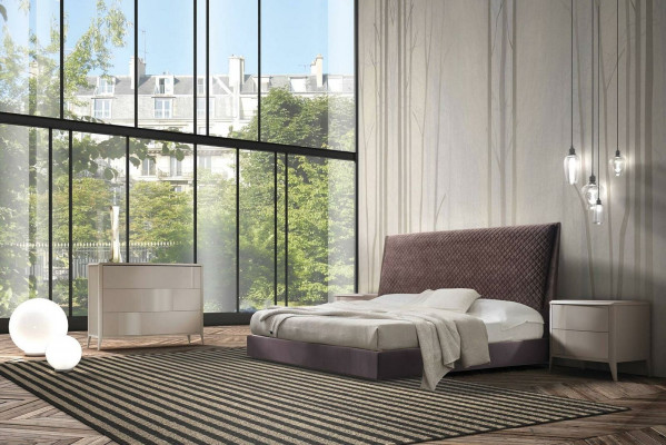 Designer bed, 2x nightstands, dresser 4-piece set, bedroom, Italian furniture.