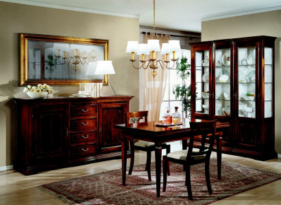 Dining table, 2 chairs, display cabinet, sideboard, mirror, complete dining room set, 6-piece, new