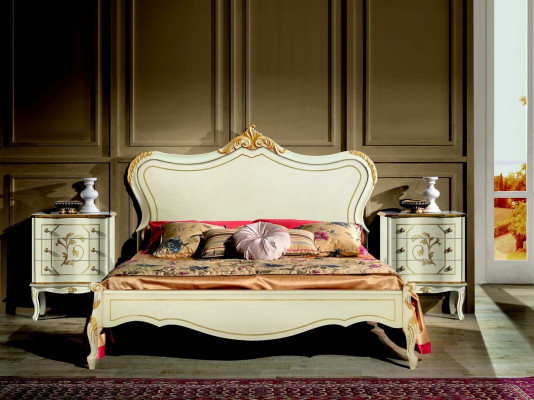 Luxury bed 160x195cm with wooden headboard and 2 nightstands Italian furniture new
