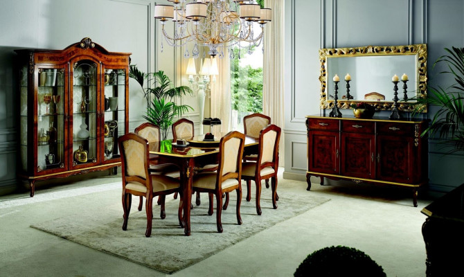 Dining table, 6 chairs, display cabinet, sideboard, mirror, complete dining room set, 10 pieces.