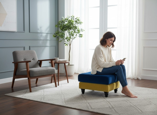Footstool Lounge Stool XXL Club Ottoman Pouf Leather Fabric Ottoman Designer New