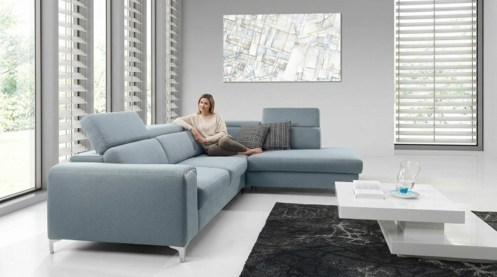 Designer-comfortable, soft corner sofa in exquisite blue for the living room