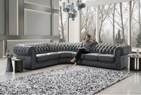 Classic Chesterfield Upholstered Seat Corner Leather Decor Set Living Landscape