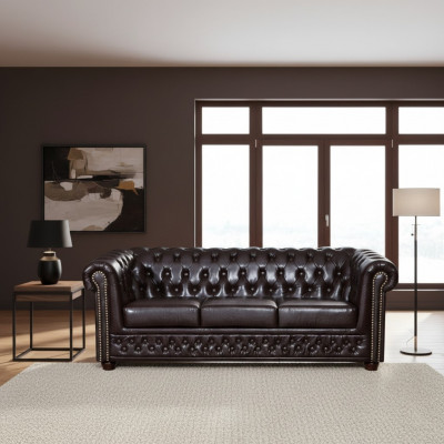 Modern three-seater faux leather sofa, cozy elegant Chesterfield
