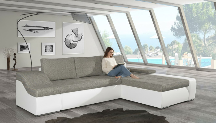Modern corner sofa Ontario with bed function, living room couch, textile sofas, sleep.