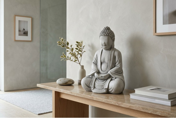 Buddha sculpture in stone look. Large sculpture for garden decoration figurine.