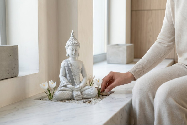Decorative Buddha sculpture in stone look. Large sculpture for the garden.