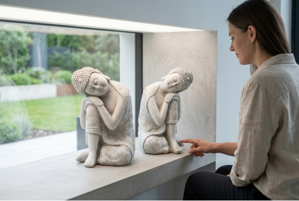 Decorative Buddha sculpture in stone look. Large figure sculpture for the garden.