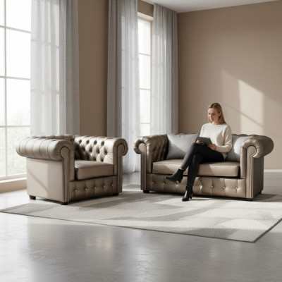 Designer Chesterfield Sofa Suite Sofa Couch 2+1 Upholstery Seat Suite Gold