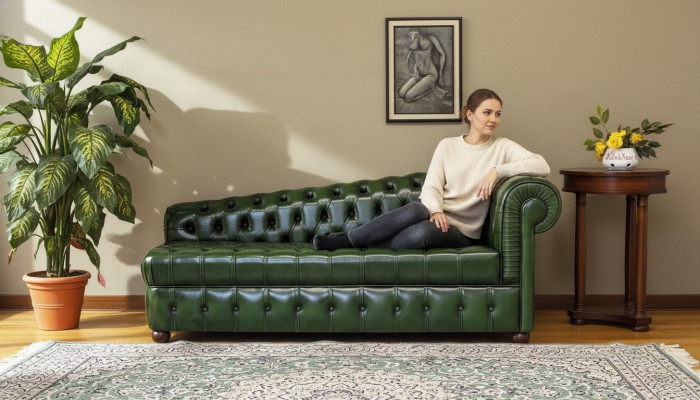 Chesterfield chaise longues sofa green couch lounger ottoman recamier leather chaise.