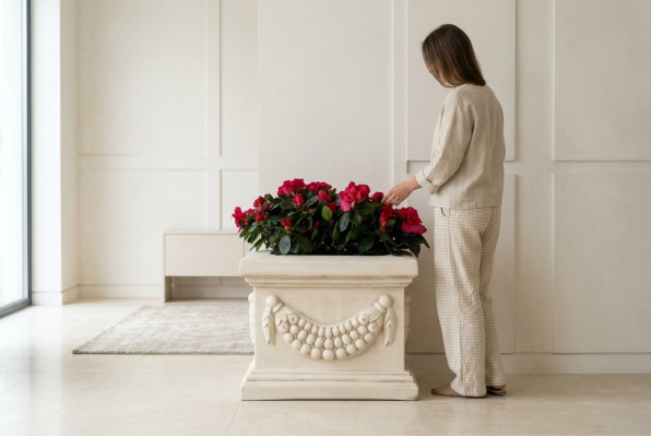 Flower basket, flower box, flower pot, terrace decoration, statue figures, garden.