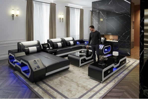 XXL Living Room Sofa Couch Upholstery Corner Unit Sofas + USB + Light
