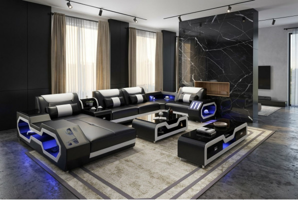 XXL Living Room Sofa Couch Upholstery Corner Unit Sofas + USB + Light