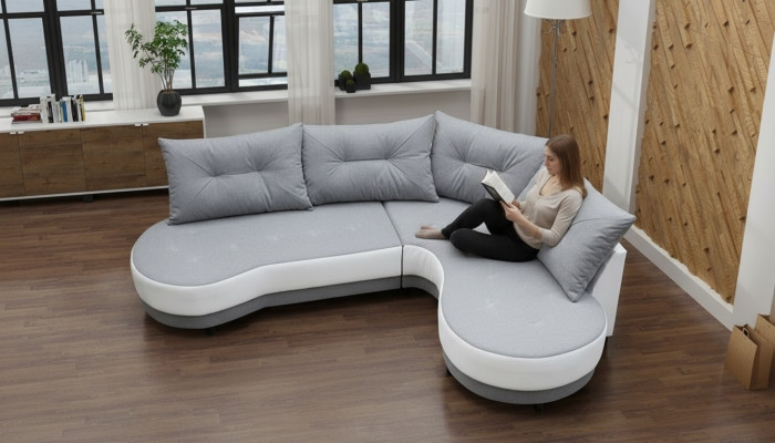 Upholstered sofa, lounge sofa, couch seating group, living room with cushions, L-shaped sofa
