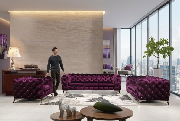Luxury High-Quality Sofa Couch Upholstered Seat 3+2+1 Suite Chesterfield Purple New