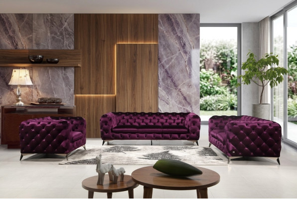 Luxury High-Quality Sofa Couch Upholstered Seat 3+2+1 Suite Chesterfield Purple New