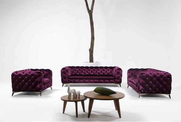 Luxury High-Quality Sofa Couch Upholstered Seat 3+2+1 Suite Chesterfield Purple New