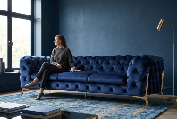 Sofa Chesterfield Couch Upholstery XXL Suite Fabric 3+3 Designer Couches Blue