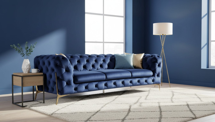 Sofa Chesterfield Couch Upholstery XXL Suite Fabric 3+3 Designer Couches Blue