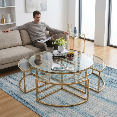 Round designer glass sofa, stainless steel sofa table, round design for home