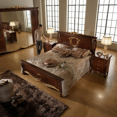 Double bed, wooden design, beds, antique style, baroque, rococo, 2x nightstands, new