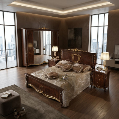 Double bed, wooden design, beds, antique style, baroque, rococo, 2x nightstands, new