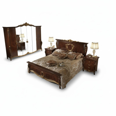 Double bed, wooden design, beds, antique style, baroque, rococo, 2x nightstands, new