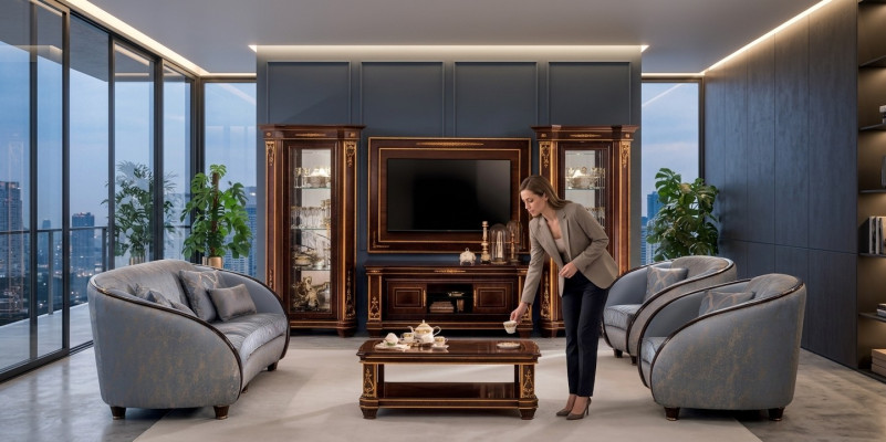 Living wall cabinet showcase TV sideboard cabinet wall rococo design baroque