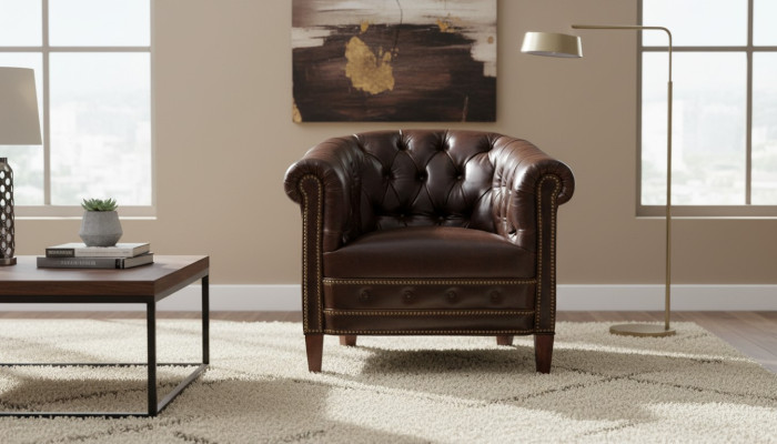Designer armchair 1-seater brown leather textile luxury club lounge sofa Chesterfield
