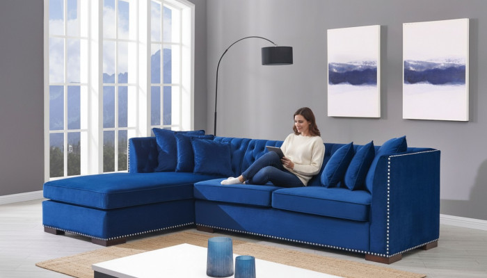 Chesterfield Blue Designer Couch Corner Sofa Couch Set Textile Fabric Sofas