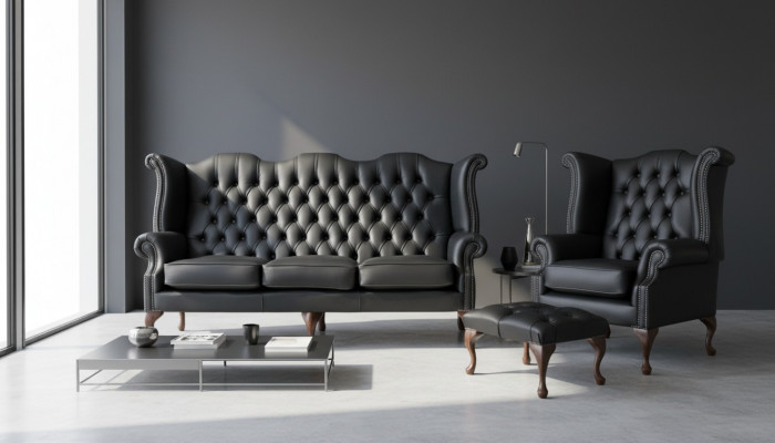 Black Chesterfield Leather Sofa Set Upholstery 3+1 Seater Wingback Chair