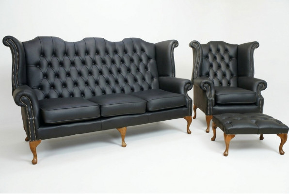 Black Chesterfield Leather Sofa Set Upholstery 3+1 Seater Wingback Chair