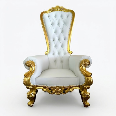 A beautiful white, ornate armchair in Baroque and Chesterfield style with Chesterfield-style elements.