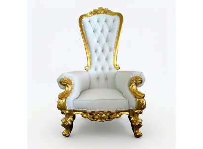 A beautiful white, ornate armchair in Baroque and Chesterfield style with Chesterfield-style elements.