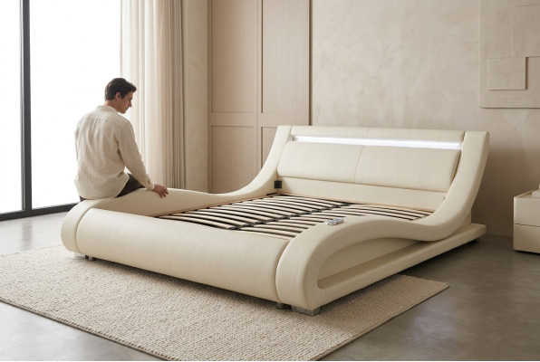 Luxury Leather Design Upholstered Double Beds Modern Illuminated King Bed