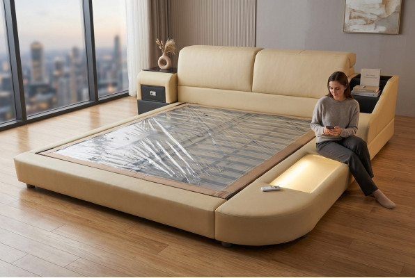 Exclusive multifunction double beds hotel marriage upholstered leather design bed luxury new