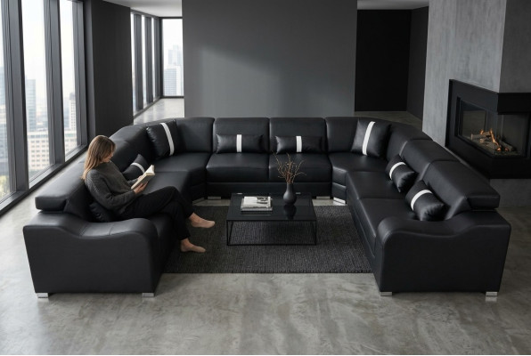 Leather couch upholstery seat design modern corner set sofa U-shape living landscape