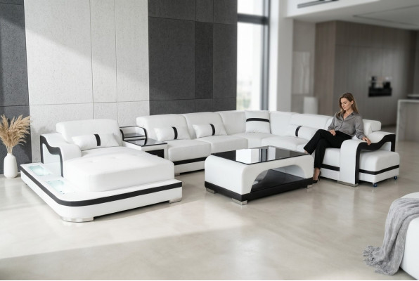 Leather couch upholstery seating living landscape design modern corner suite U shape + table