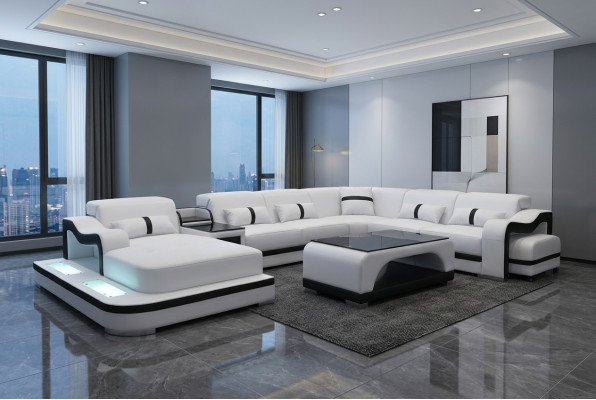 Leather couch upholstery seating living landscape design modern corner suite U shape + table