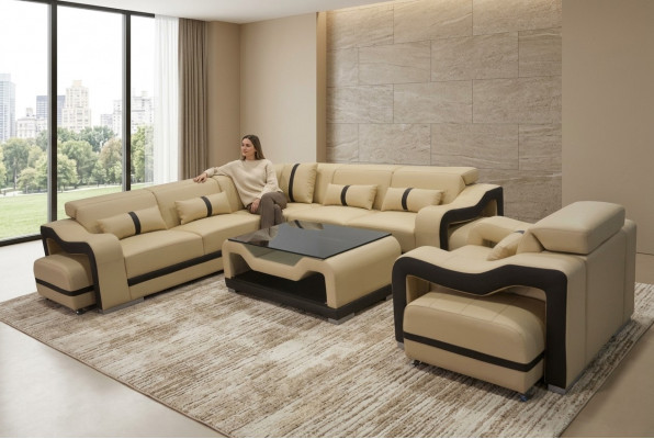 Leather sofa couch upholstery corner suite TV table seating corner armchair living landscape