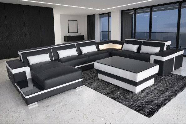 XXL Leather Sofa Upholstery Living Room Couch Seating Set Corner Sectional Sofas + Table