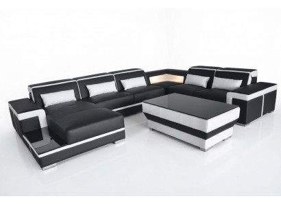 XXL Leather Sofa Upholstery Living Room Couch Seating Set Corner Sectional Sofas + Table