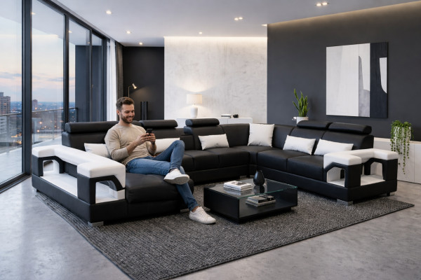 Corner sofa with ergonomic backrest and functional armrests