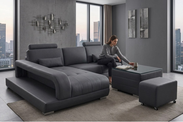 XXL Leather Couch Living Landscape Set Design Modern Sofa L-Shape F3017C + Table