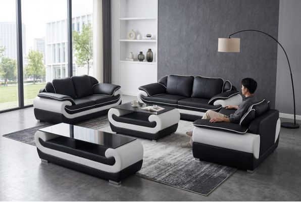 Leather Modern XXL Couch Living Landscape Leather Sofa Set 3+2+1 D04 + Table
