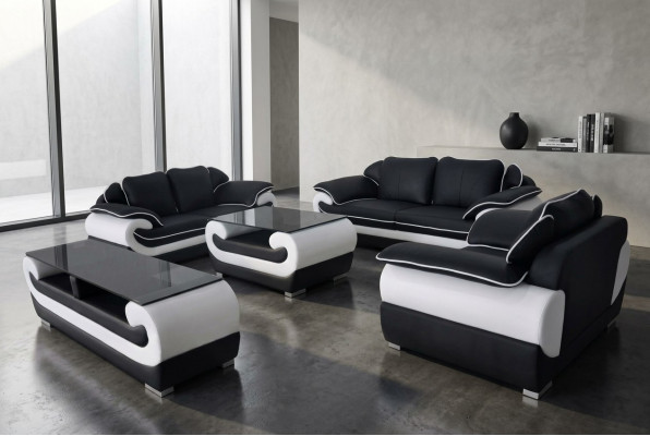 Leather Modern XXL Couch Living Landscape Leather Sofa Set 3+2+1 D04 + Table