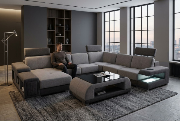 Corner Fabric Modern XXL Couch Living Landscape Textile Sofa U-Shape B2015 Fabric + Table