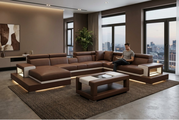 Design leather upholstery seat room living sofa corner couch designer suite +table