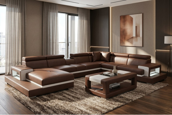 Design leather upholstery seat room living sofa corner couch designer suite +table