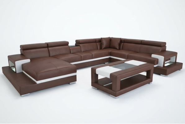 Design leather upholstery seat room living sofa corner couch designer suite +table